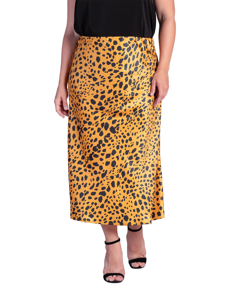 Women s Plus Size Silky Sateen Leopard Print Midi Skirt Gold Print